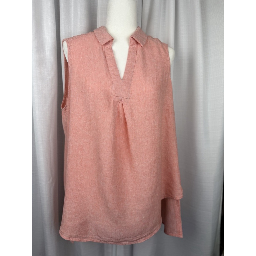 Sharagano Peach Linen Blouse Sleeveless Long In Back Collared XL Flowy Comfort